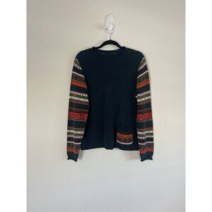 Vintage Fair Isle Patchwork Fall Navy Blue Womens Cottagecore Sweater Small